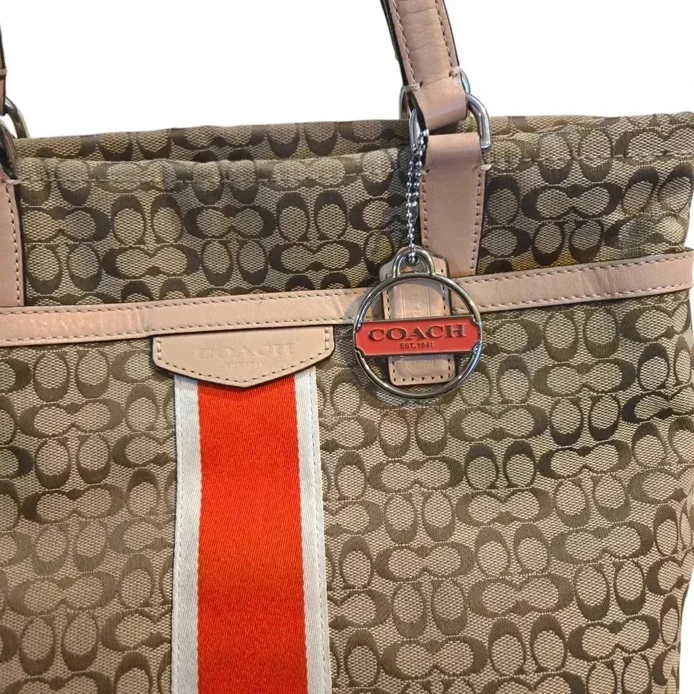 Coach Signature Silver Khaki Hot Orange Purse Jacquard Fabric Leather #056